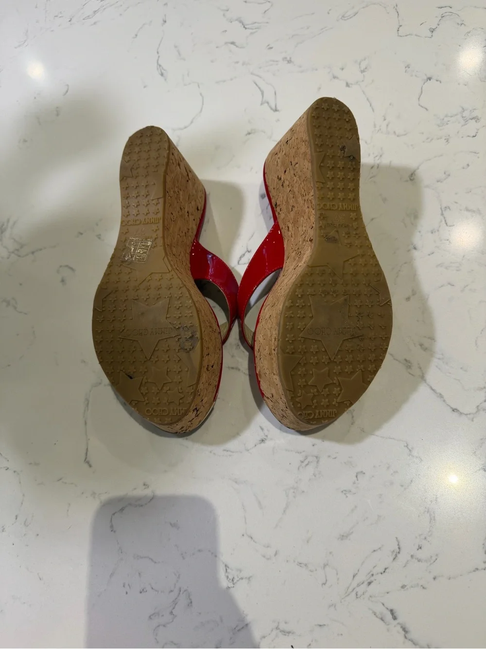 Jimmy Choo Pathos Red Patent Leather Cork Wedge Thong Sandals